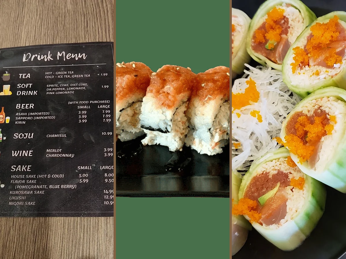 Sushi rolls arranged on a plate.