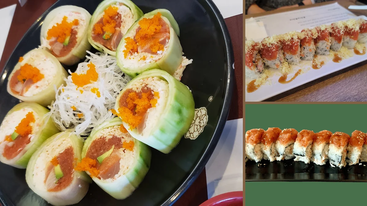 A Japanese restaurant table with shared plates.