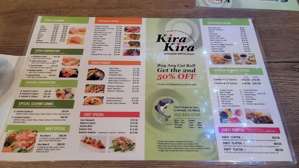Restaurant menu with drinks, sushi, and small plates.