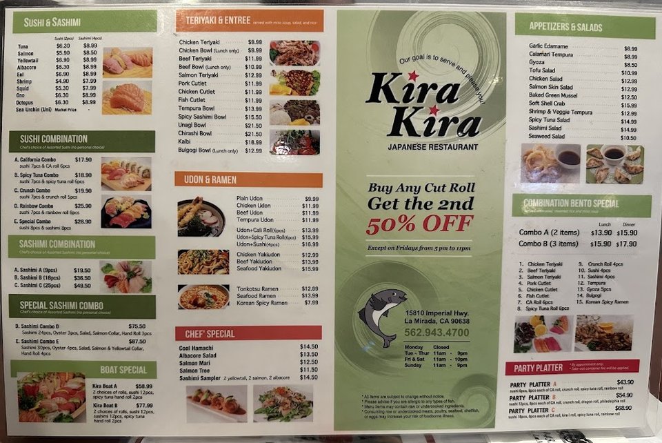 Printed menu with sushi, rolls, and appetizers.